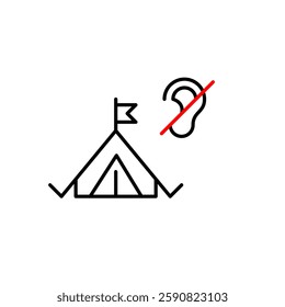 Camping tent and ear crossed symbol. Quiet relaxation detox vacation. Silent zone, hearing-impaired accessibility campsite. Pixel perfect, editable stroke vector icon