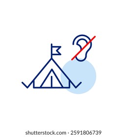 Camping tent and ear crossed symbol. Quiet relaxation detox vacation. Silent zone, hearing-impaired accessibility campsite. Pixel perfect, editable stroke vector icon