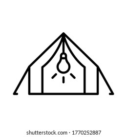 Camping tent with electricity. Line art icon of glamping. Black simple illustration of rest at nature with amenities. Contour isolated vector emblem on white background