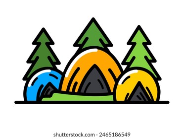 Camping tent emblem with pine trees. Camping sign with tent in the forest.