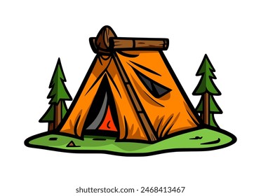 Camping tent emblem with pine trees. Camping sign with tent in the forest.