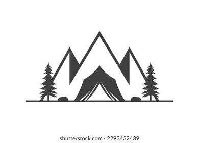 Camping tent expedition scout nature mountain spruce tourism adventure vintage icon vector illustration. Camp exploration summer outdoor hiking leisure recreation rock cliff wood tree halt scenery