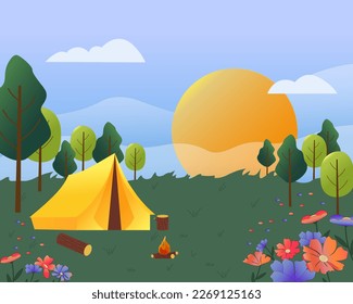 Camping. Tent, fire and accessories for country rest. Scenery. Vector drawing. For books and brochures, covers, web pages and social networks, flyers and advertisements.