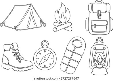 Camping con tienda, fuego, mochila, bota, brújula y linterna campfire bota de senderismo