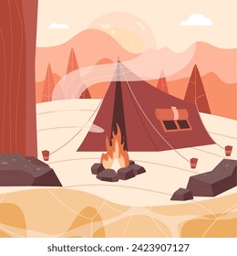 Camping. Zelt und Feuer im Wald. Sommerlager. Vektorhintergrund. Vektorgrafik