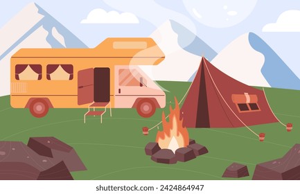 Camping. Tent and fire in the forest. Summer camp. Vector background. Motorhome. Tourism. Excursions. Life in nature