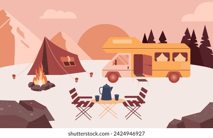 Camping. Tent and fire in the forest. Summer camp. Vector background. Motorhome. Tourism. Excursions. Life in nature