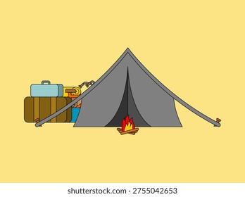 Camping tent and fire. Camping scene with a tent, campfire, and travel backpack in nature, symbolizing outdoor adventure, hiking, tourism, eco-friendly leisure and freedom in the wild.
