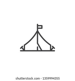 Camping tent with a flag line icon. linear style sign for mobile concept and web design. Tent outline vector icon. Recreation symbol, logo illustration. Pixel perfect vector graphics