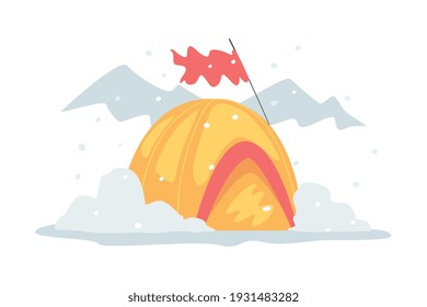 Camping Tent with Flag Rested on Snowy Area as Hiking Equipment Vector Illustration