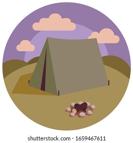 Camping tent in the forest. Among with nature. Vector stock illustration.