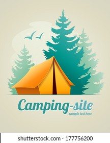 Camping with tent in forest. Eps10 vector illustration