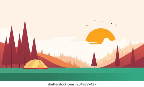 Camping Tent in Forest with Hill Landscape in Autumn Fall Season