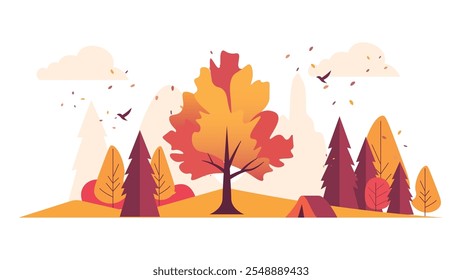 Camping Tent in Forest with Hill Landscape in Autumn Fall Season