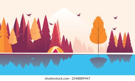 Camping Tent in Forest with Lake River View in Autumn Fall Season