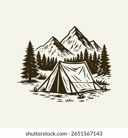 Camping Tent in Forest, Mountain Adventure Landscape, Vintage Outdoor Travel Illustration