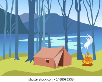 Camping. Tent in the forest, on the banks of the river. In minimalist style. Cartoon flat vector illustration