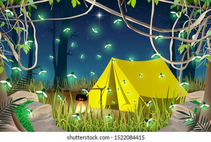 camping tent in forest on the mountain in night