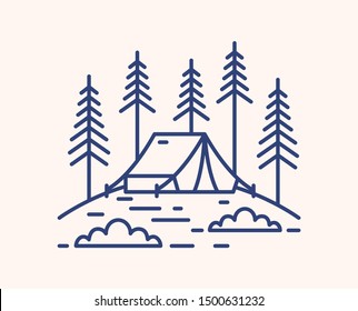 Camping tent in forest outline vector illustration. Blue linear campsite isolated on white background. Bivvy on glade and fir trees monocolor line art signs. Outdoor recreation in pine woods.