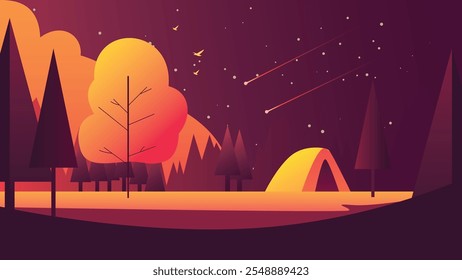 Camping Tent in Forest with Pine Trees in Autumn Fall Season at Night