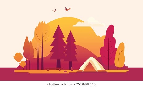 Camping Tent in Forest with Pine Trees and Big Sun in Autumn Fall Season