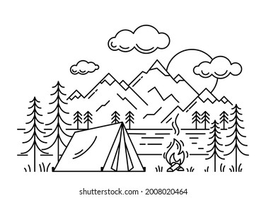 Camping tent in forest at the river outline vector illustration. Black linear campsite isolated on white background. Outdoor recreation in woods and at the river.