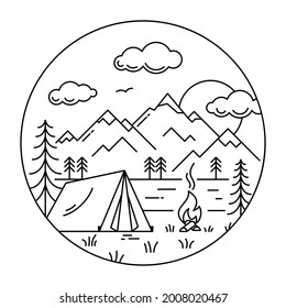 Camping tent in forest at the river outline vector illustration in circle. Black linear campsite isolated on white background. Outdoor recreation in woods and at the river.