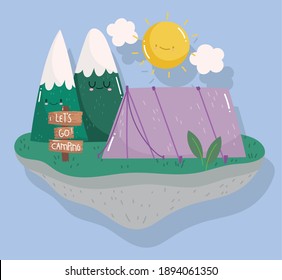 camping tent forest sunny day in cartoon style design vector illustration