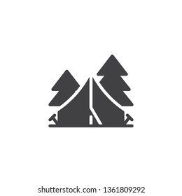 Camping tent in forest vector icon. filled flat sign for mobile concept and web design. Tourist tent and trees glyph icon. Recreation symbol, logo illustration. Pixel perfect vector graphics