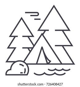 camping tent in forest vector line icon, sign, illustration on background, editable strokes