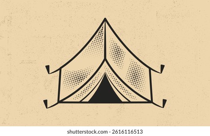 Camping tent front view in vintage style. Design element for outdoor exploration branding, survival graphics, hiking badges. Vector illustration