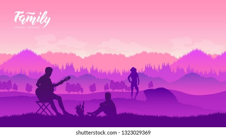 Camping and tent grained picture under the forest in sunset. Nature holiday with guitar and family illustration