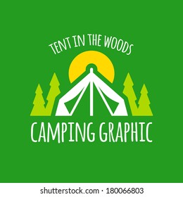 Camping tent graphic with trees and sunset