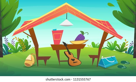 camping tent at grass field background . bushes hill meadow , summer or spring bright happy funny cartoon style vector illustration . food picnic , bags and guitar wallpaper