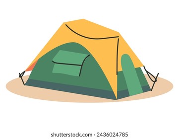 The camping tent is green in color with a yellow roof and windows. A Tourist Tent. The concept of travel, ecotourism, hiking in the mountains. Vector illustration