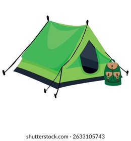 The camping tent is green and has a large hiking backpack. Vector drawing on a white background.