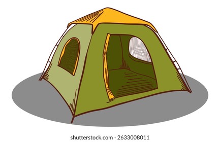 Camping Tent Green and Yellow Color. Outdoor Adventure and Travel Elements. Minimal Vector Illustration. Retro color