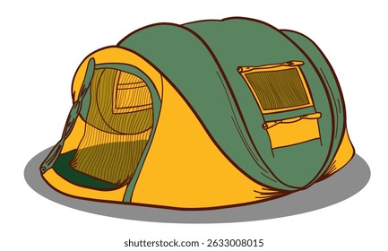 Camping Tent Green and Yellow Color. Outdoor Adventure and Travel Elements. Minimal Vector Illustration. Retro color