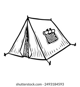 Camping tent hand drawn in doodle style. Tourist folding house for overnight stay in the forest mountains. Tent camp. Protection from rain and cold. Vector line art illustration.