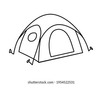 Camping.  Tent for camping, hiking, local tourism illustration.  Drawn by contour on a white background in doodle style.  Vector illustration.