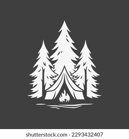 Camping Zelt Wandern Natur Tourismus scout Expedition Wald Vintage zum Shirt Print Design Symbol Vektorgrafik. Camp Sommer Reise Exploration Feuer Feuer Fichte Baum monochrome Dekoration Emblem