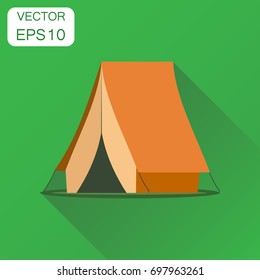 Camping tent icon. Business concept camping house pictogram. Vector illustration on green background with long shadow.