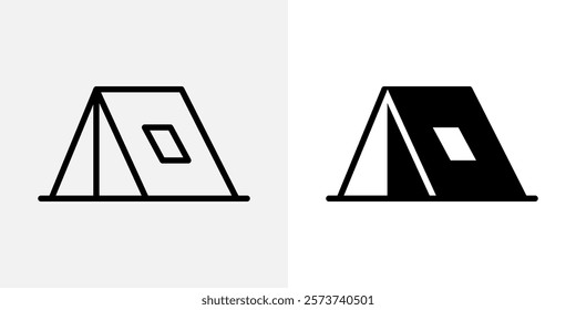 Camping tent icon. Camp shelter illustration. Trekking canopy symbol. Hiking tarpaulin sign. Adventure tent pictogram. Campground canvas concept isolated. Simple outline travel icon.