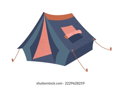 Camping tent icon. Comfortable dark equipment for relaxing in forest. Protection from precipitation and bad weather. Sticker for social networks and messengers. Cartoon flat vector illustration