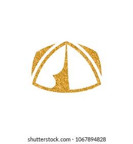 Camping tent icon in gold glitter texture. Sparkle luxury style vector illustration.