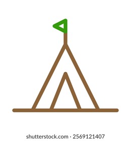 Camping tent icon with green flag. Concept of adventure, travel, and outdoor recreation.