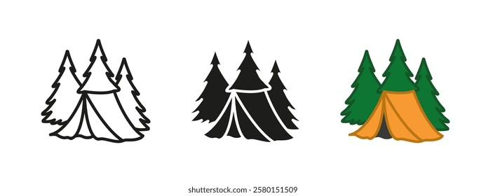 Camping tent icon. Outdoor adventure vector illustration. Forest nature travel symbol. Wilderness expedition camp sign. Hiking vacation recreation concept. Survival exploration campground graphic.