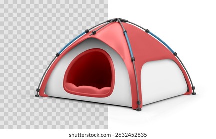 Camping Tent Icon With Red Canopy And Blue Poles, Ideal For Outdoor, Travel, Adventure, And Summer Vacation Design Projects. High Quality 3D Graphic. Vector Illustration.
