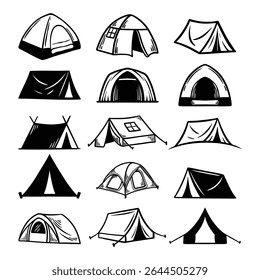 Camping Tent Icon Set, Black and White Tent Line Art, Hand Drawn Outdoor Shelter Illustration