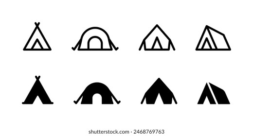 Camping tent icon set. Hiking camp vector illustration isolated. Campground symbol. Shelter sign.